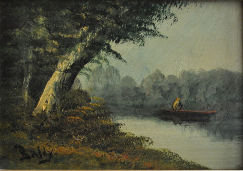 Peinture originale à l'huile paysage forestier / pêcheur 200 Orléans (45)