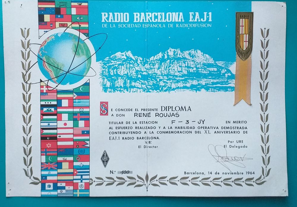 Dipl&ocirc;me Comm&eacute;moration 40e anniversaire de EAJ.1 radio BARCELONA 1964 