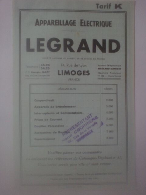 Legrand Limoges Tarif K appareillage lectriques 5 Nrac (47)