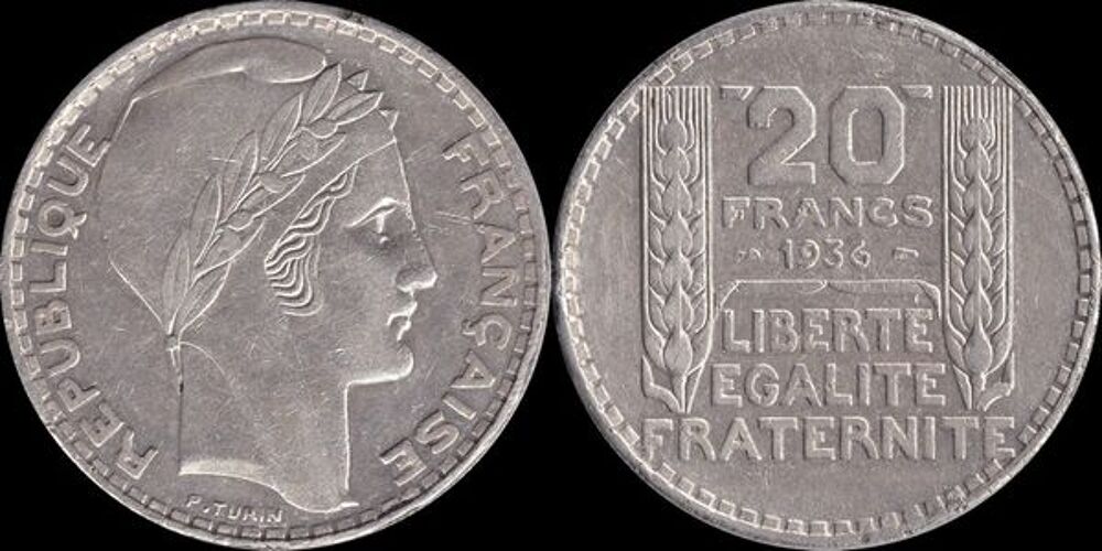 Tr&egrave;s rare 20 francs Turin 1936, en argent, tranche stri&eacute;e 