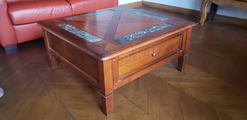 Table basse salon meurisier + noyer avec bandeau en marbre Meubles