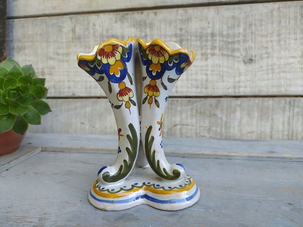 Ancien Vase Bouqueti&egrave;re Fa&iuml;ence H.D Tours Corne d'Abondance Décoration