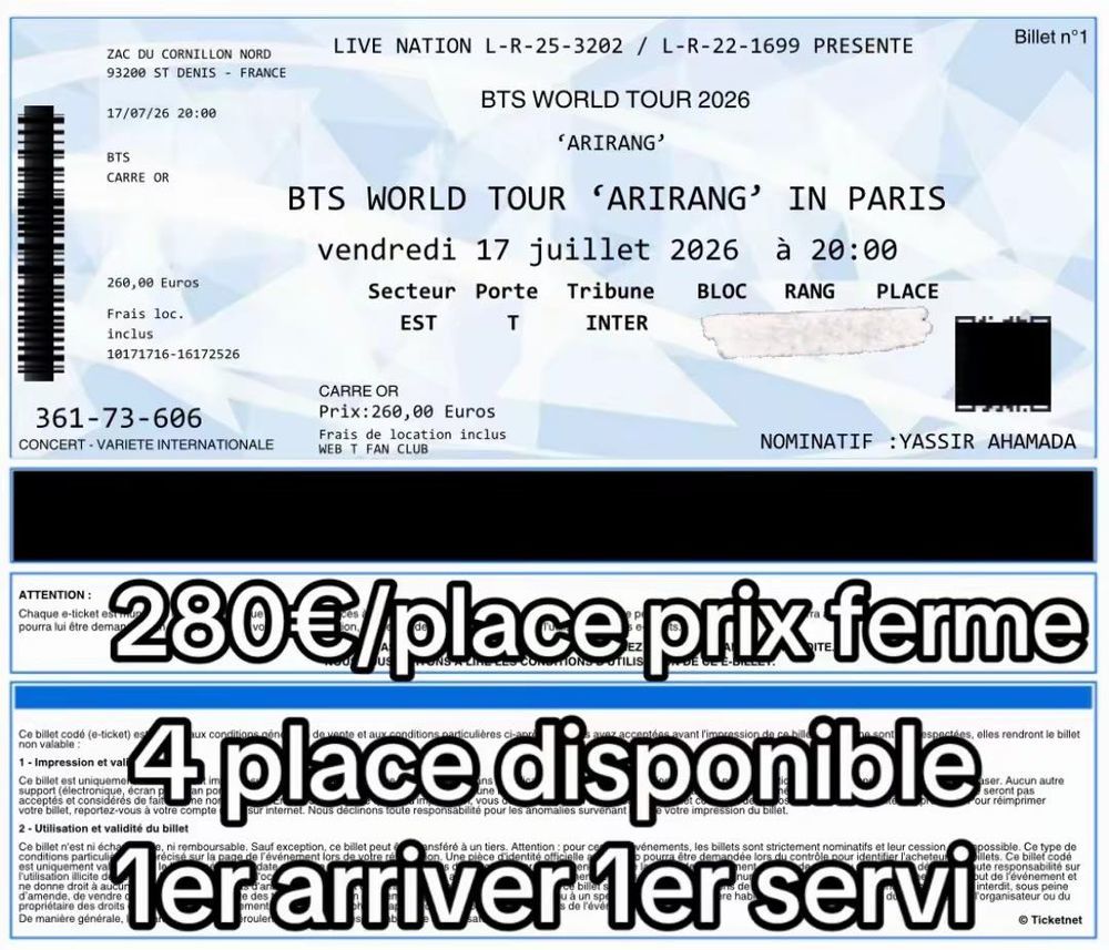 place de concert BTS Billetterie