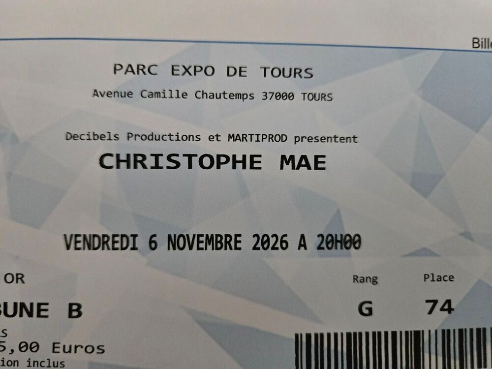 2 billets concert Christophe Mae le 6 novembre &agrave; Tours
Billetterie