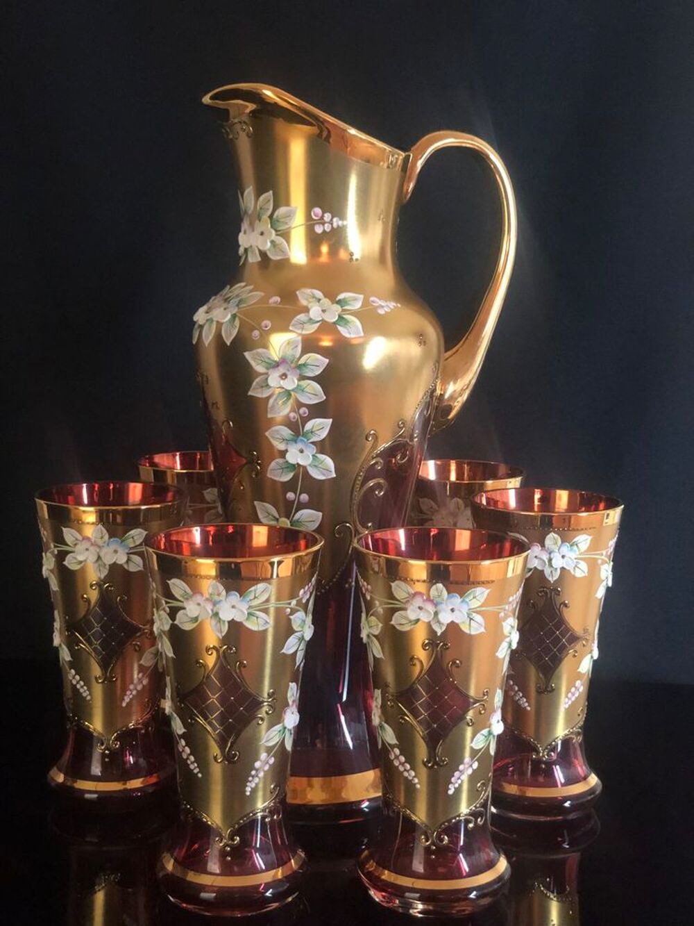 Service Ensemble Cristal Rubis de Boh&egrave;me. Cruche + 6 verres Décoration