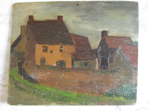 Tableau huile sur bois repr�sentant un hameau 12 Herblay (95)