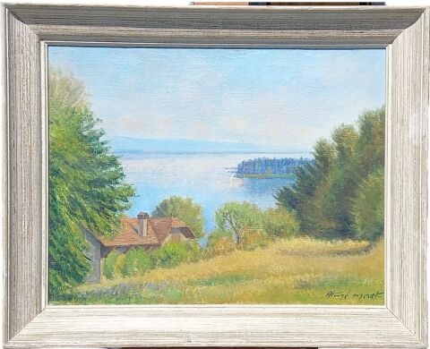 Huile sur toile - Aimé MORET (1900-1977) - Paysage Lac Léman Cranves-Sales (74)