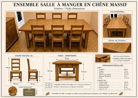 Ensemble salle à manger en chêne massif ? Table + 6 chaises 790 Paraza (11)