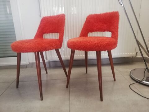 Lot de 2 chaises scandinave peluche rouge anne 1965 Baumann 845 G2 siege fauteuil vintage retro 120 Dunkerque (59)