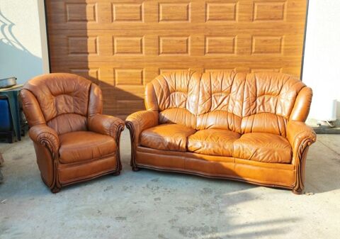 Canap Lit + 1 fauteuil - 100 % Cuir de Buffle Camel et Bois 300 Dommiers (02)