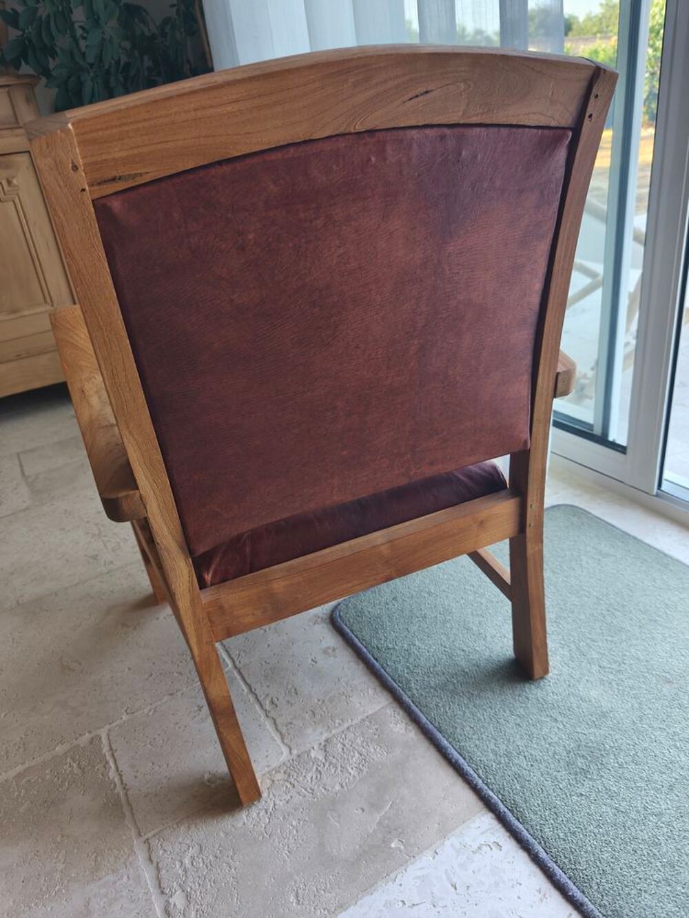 Fauteuil exotique teck et cuir brun Meubles