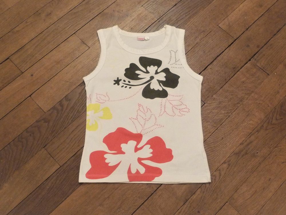 Top/ Tee Shirt Blanc Motif Fleuri Rouge Vert Jaune-3 Suisses Vêtements