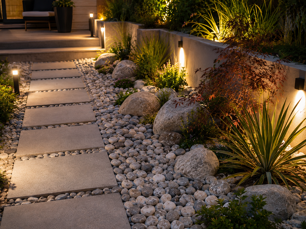 pierre galets amenagement jardin sol ext&eacute;rieur massif plante Jardin