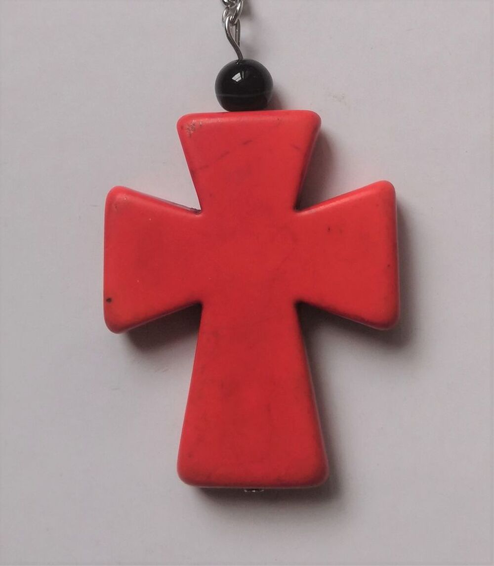 Porte cl&eacute; grosse croix en Jaspe Orange avec perle Tourmaline Maroquinerie