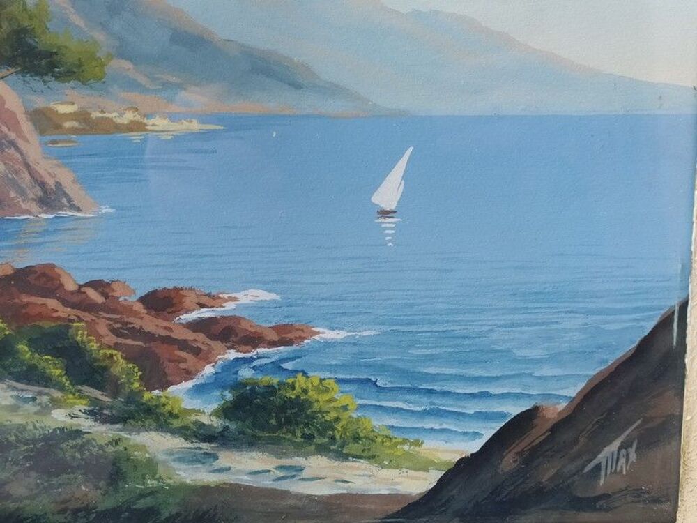 Tableau Marine Paysage C&ocirc;te d'Azur Voilier Gouache Encadr&eacute;e Décoration