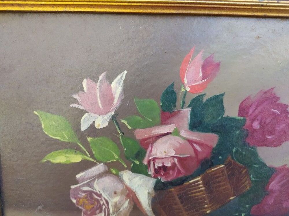 Tableau Paniers de Fleurs Roses Nature Morte Sign&eacute; Bigo
