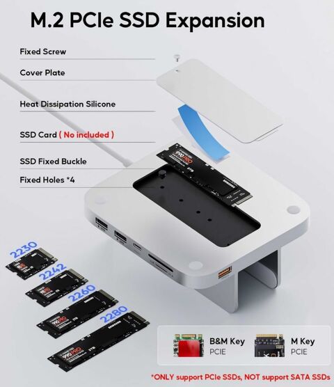 Hub avec botier M.2 SSD NVMe 8 en 1 Station d'accueil Verticale avec USB A/C 10 Gbit/s, Mac Mini Dock avec SD/TF, M.2 SSD pour Mac Mini M2/M1 65 Paris 12 (75)