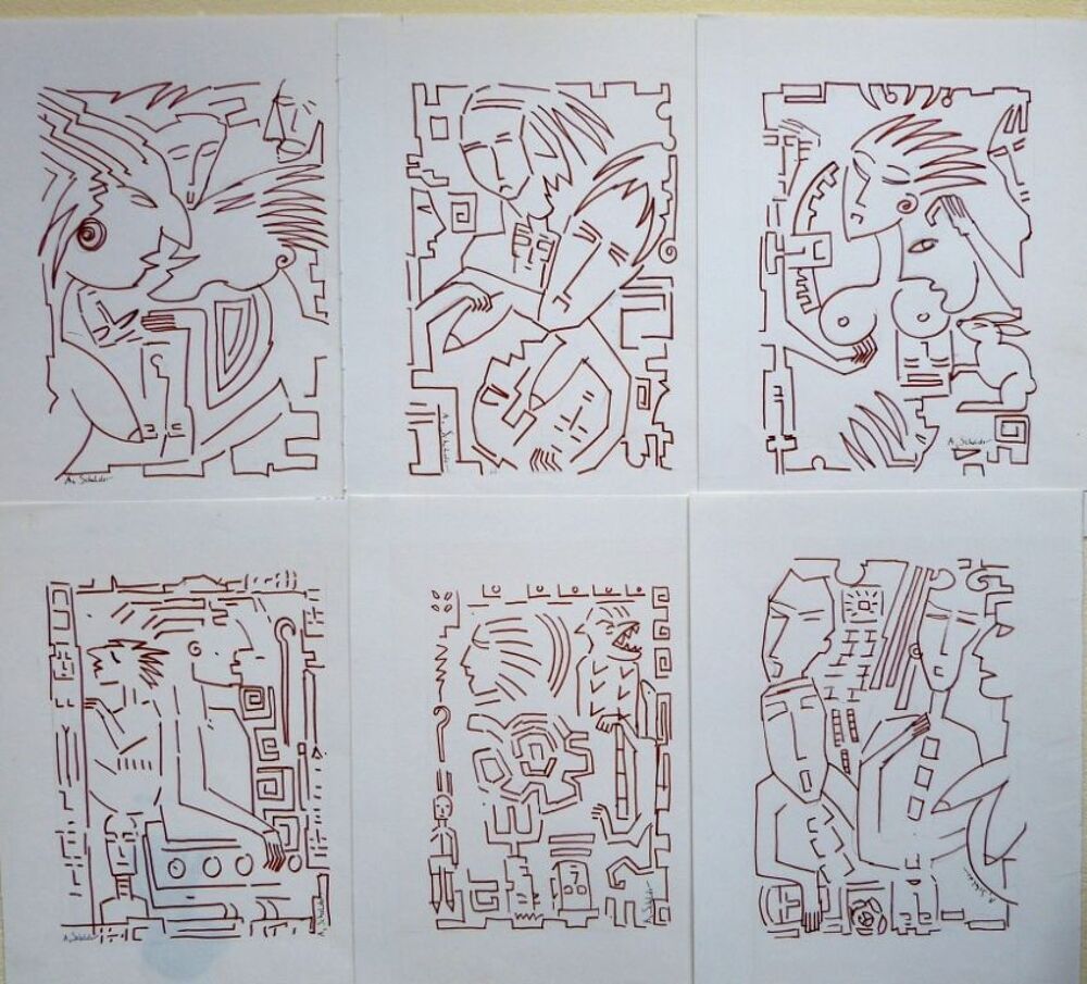 A SCHELDER CUBISME DESSINS FEUTRE lot B de 6 dessins 