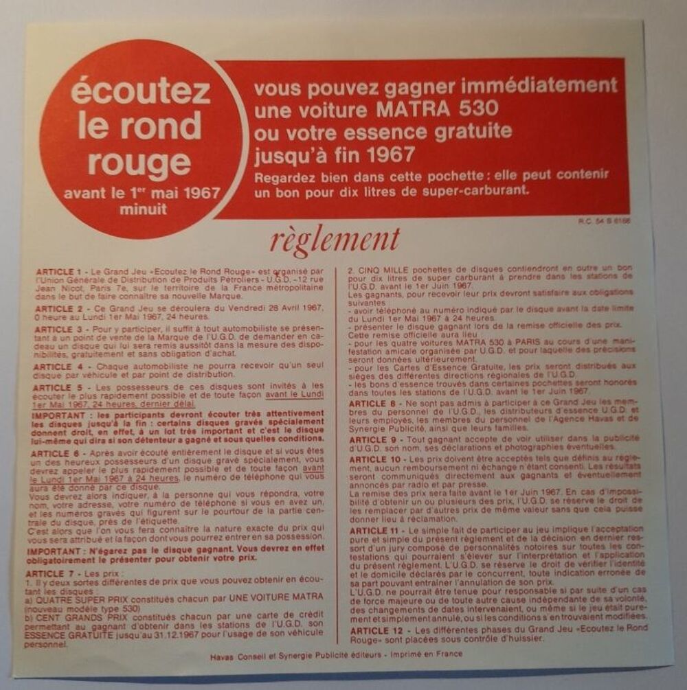 &quot;Ecoutez ce rond rouge&quot; - Disque Souple Rouge - 33 Tours CD et vinyles