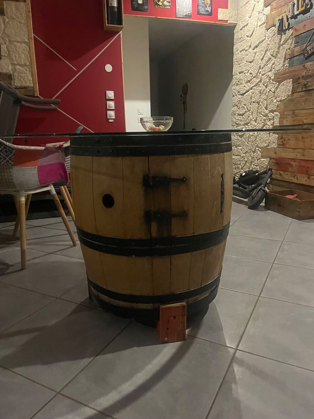 table tonneau avec plateau en verre, tremp&eacute; 120 cm Meubles