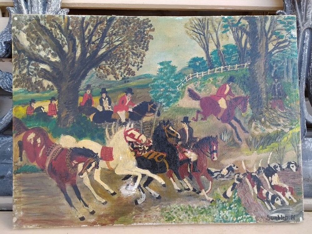 Tableau Peinture Na&iuml;ve Anglaise Sc&egrave;ne de Chasse &agrave; Courre 