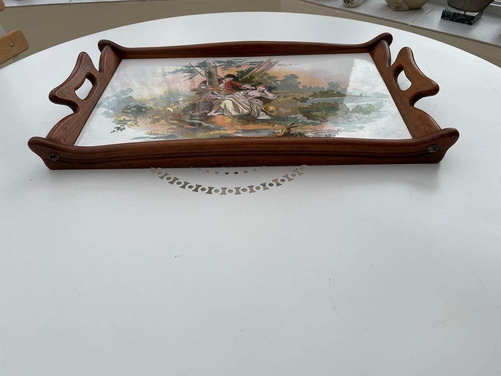 Plateau en bois avec c&eacute;ramique Sarreguemine Décoration