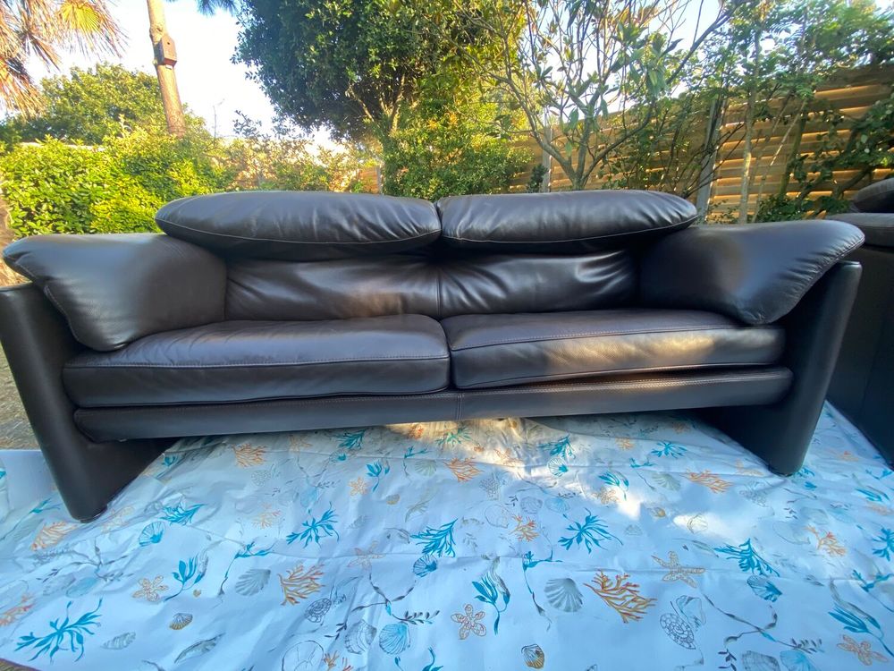 CANAPE : 2 banquettes et un pouf tr&egrave;s confortables, en cuir. Meubles