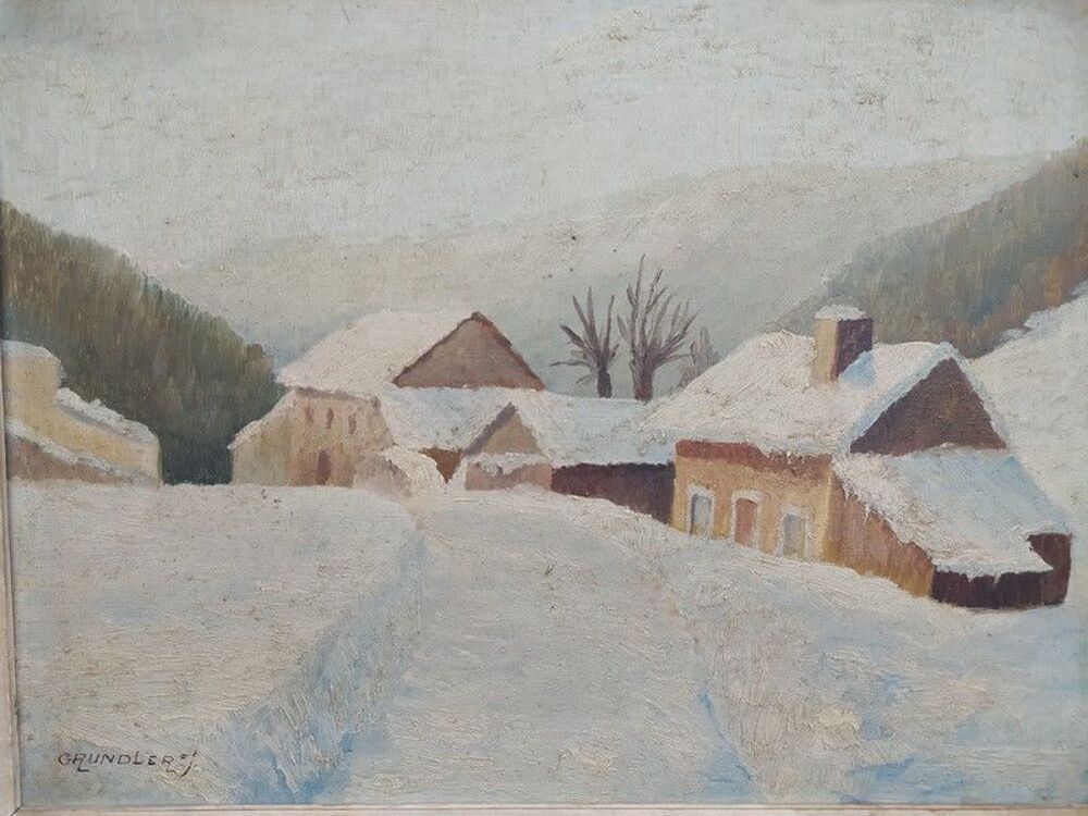 Tableau Paysage D'Hiver Maisons sous la Neige par J.Grundler 