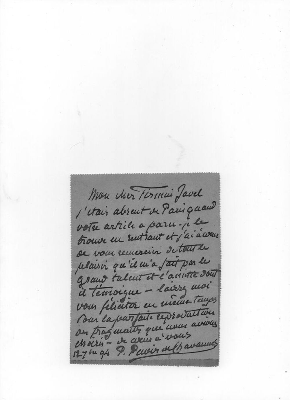 carte lettre de Puvis de Chavannes 