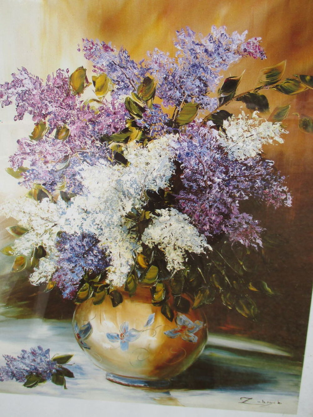 Cadre bois bleut&eacute;, motif: pot de fleurs proven&ccedil;ales Dcoration