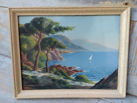 Tableau Marine Paysage Côte d'Azur Voilier Gouache Encadrée 60 Loches (37)