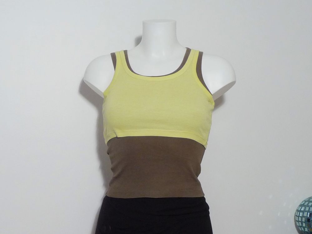 Double Top/ Tee Shirt Kaki et Jaune- Taille 34/36- PMK Basic Vêtements