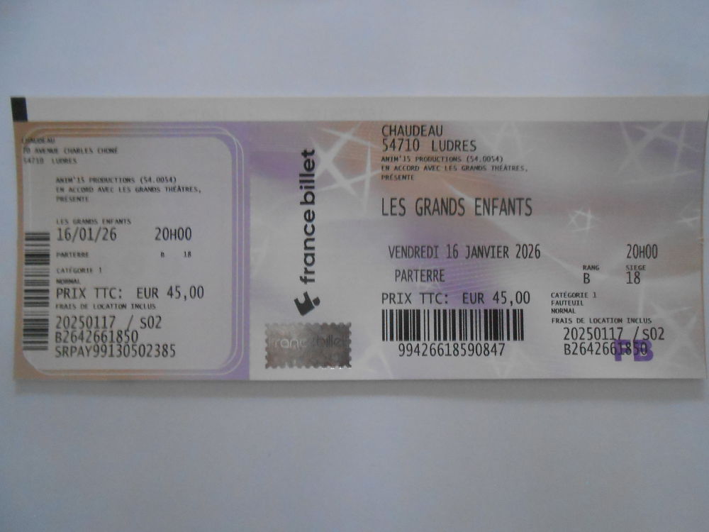 2 places de pi&egrave;ces de th&eacute;&acirc;tre achet&eacute;es en 4 exemplaire Billetterie