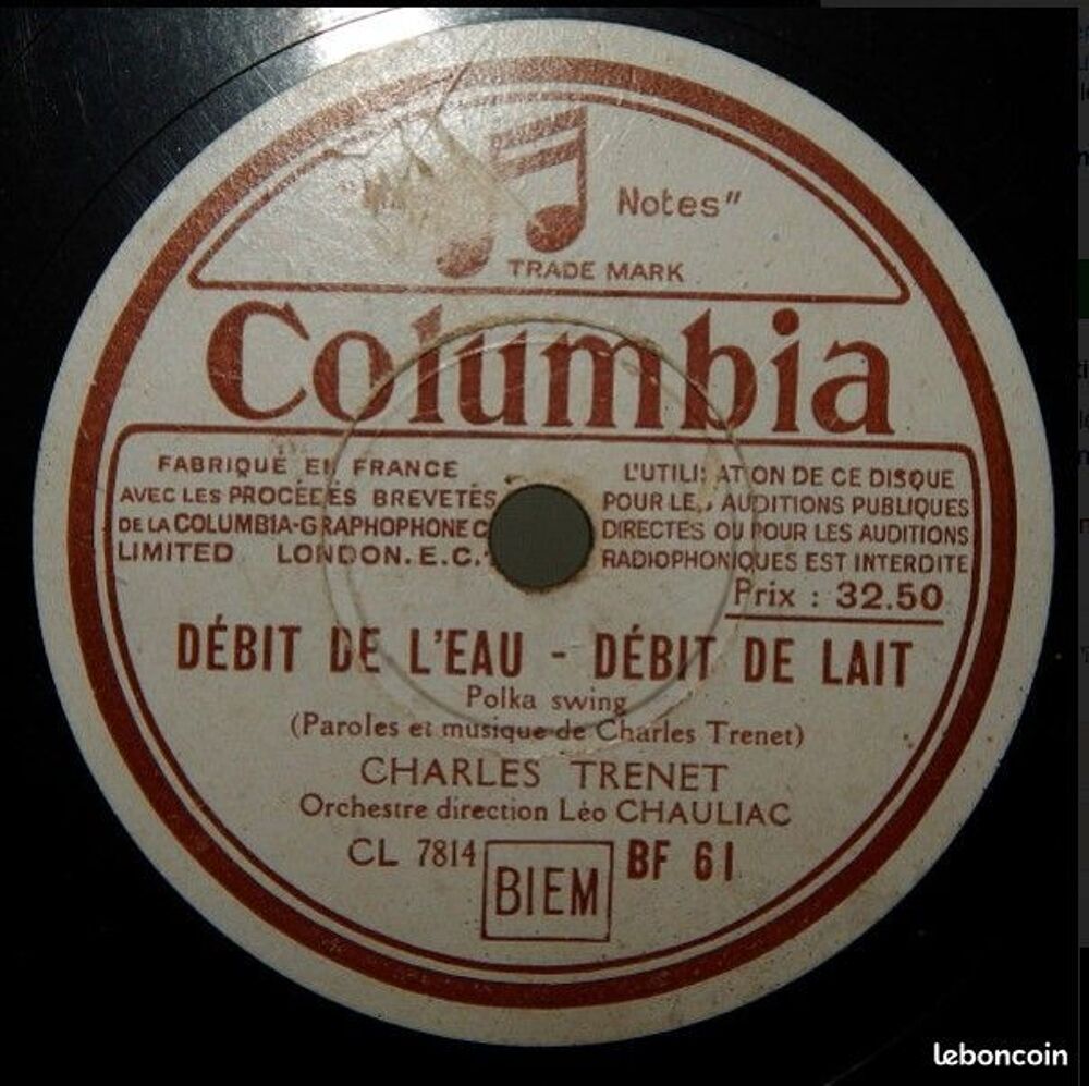 78t Charles TRENET : D&eacute;bit de l'eau - d&eacute;bit de lait - 1943 CD et vinyles