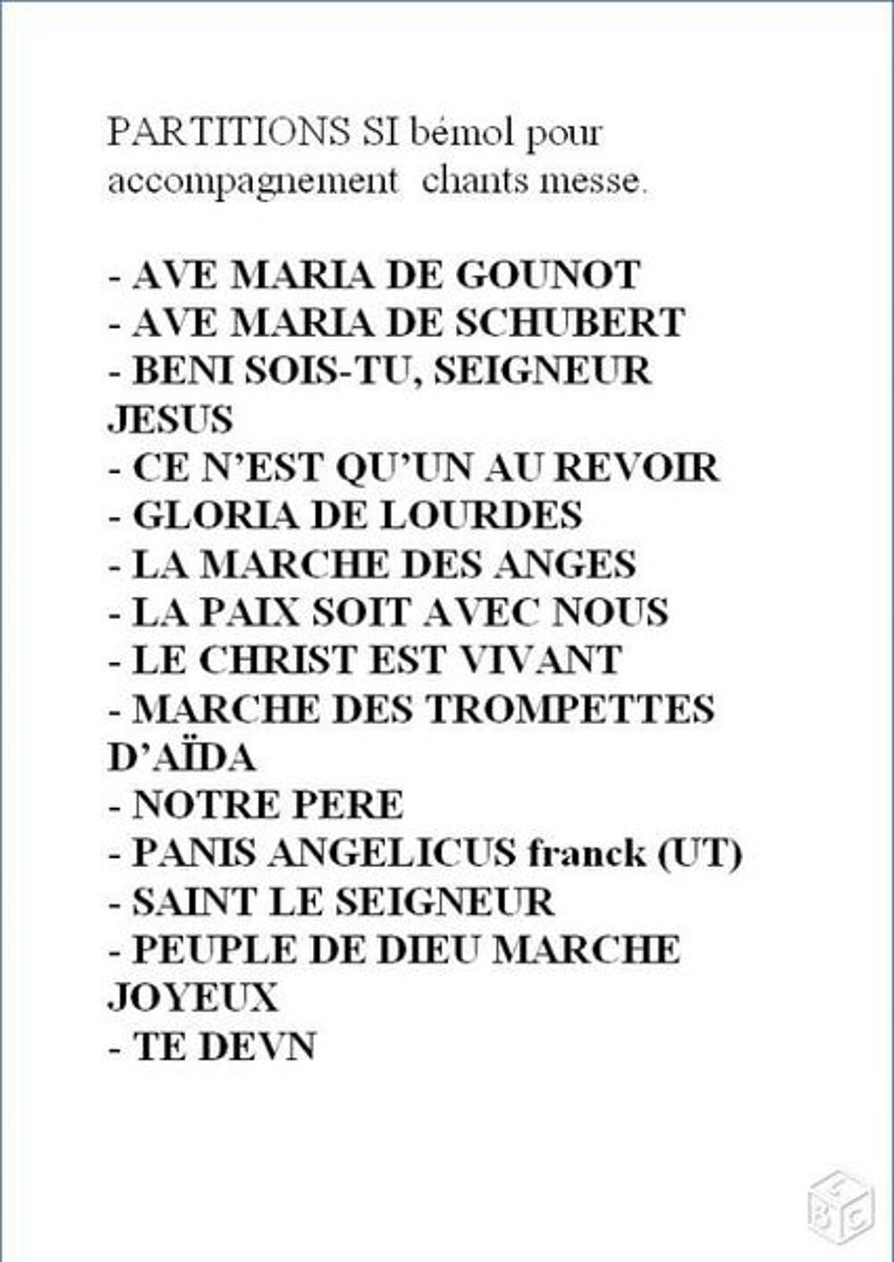 PARTITIONS (SI b&eacute;mol) chants messe Instruments de musique