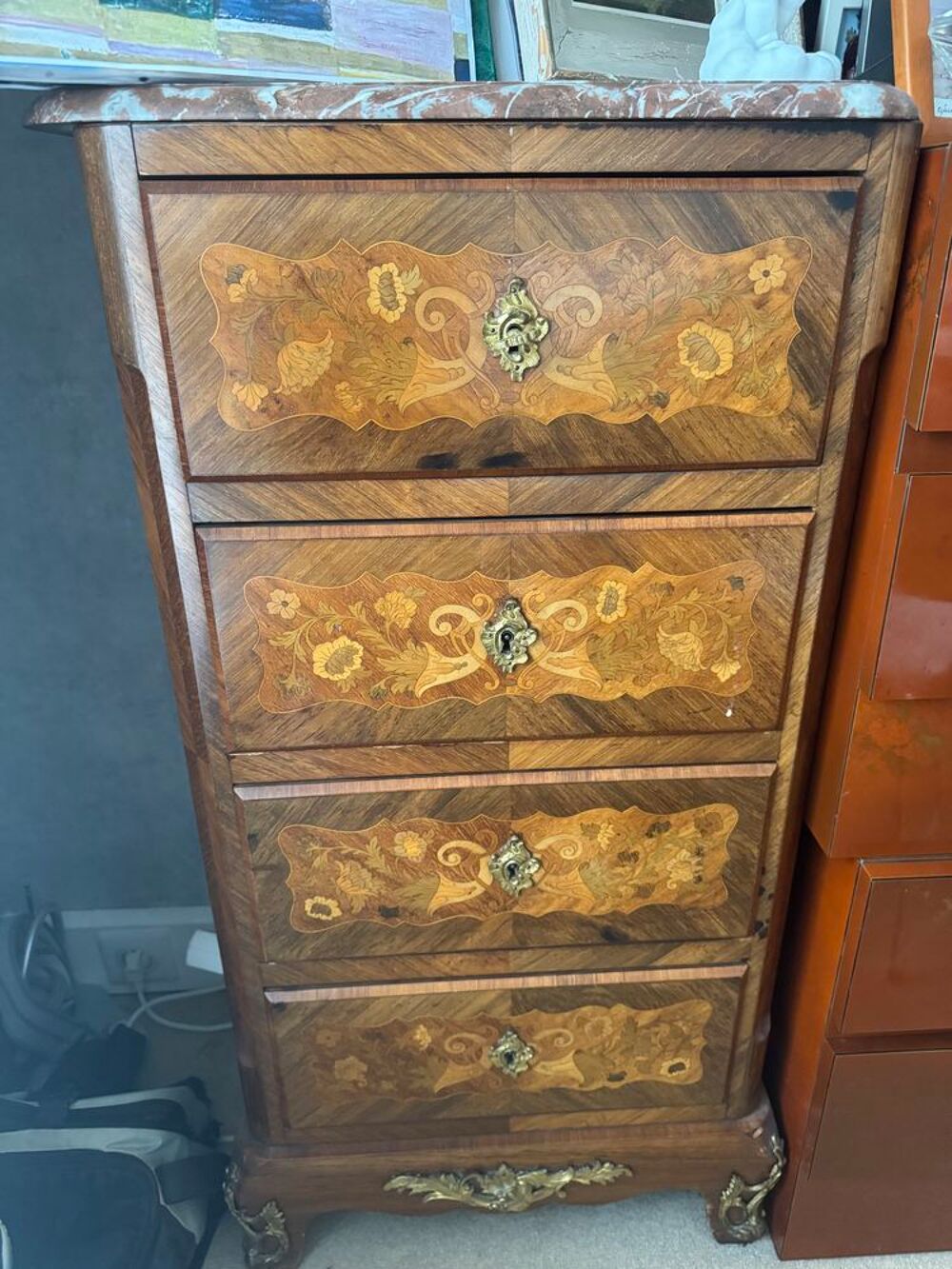 Magnifique Commode Ancienne en Marqueterie et Marbre Meubles