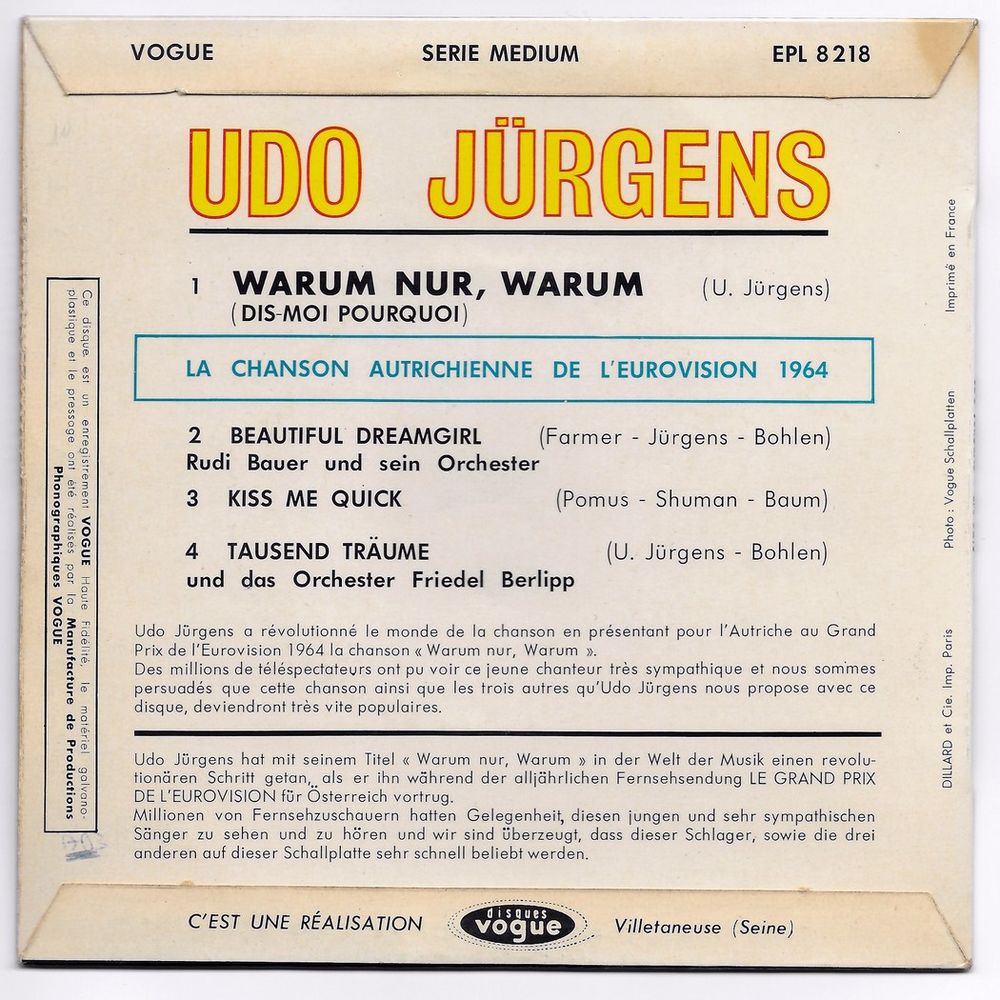 UDO J&Uuml;RGENS -45t EP-WARUM NUR WARUM (EUROVISION 64 AUTRICHE) CD et vinyles