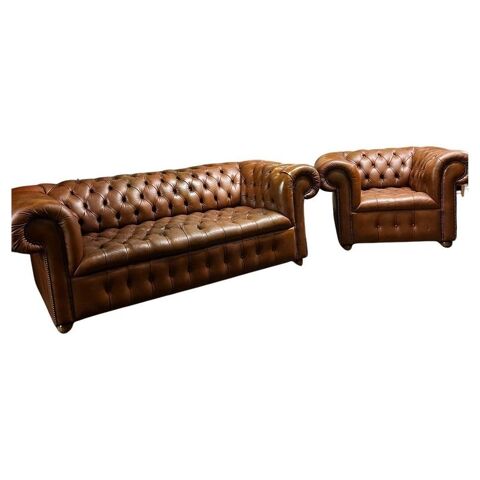 Canapé et fauteuil chesterfield cuir marron clair 3100 Guécélard (72)
