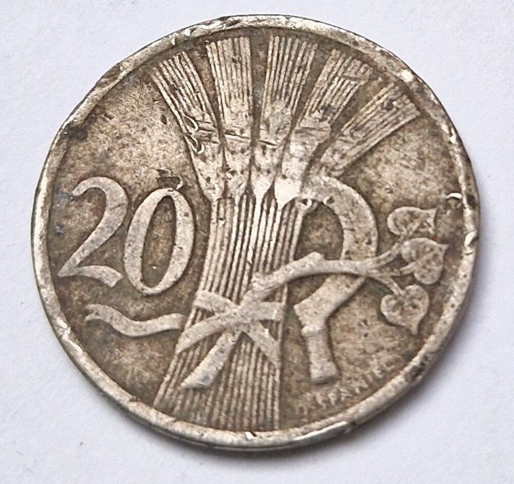 Pi&egrave;ce de monnaie 20 haleru 1921 Tch&eacute;coslovaquie.
