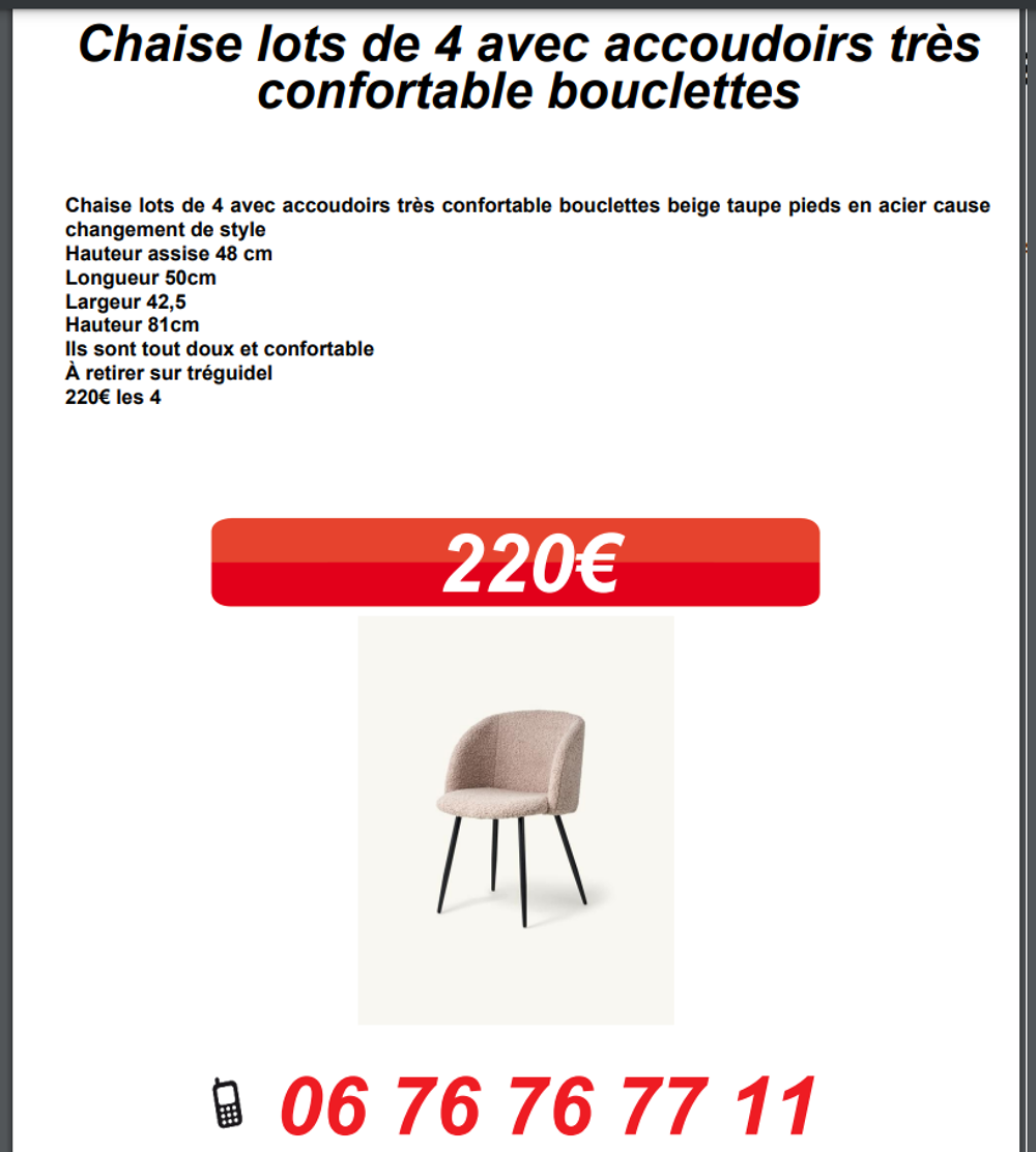 Chaise lots de 4 avec accoudoirs tr&egrave;s confortable bouclettes Meubles
