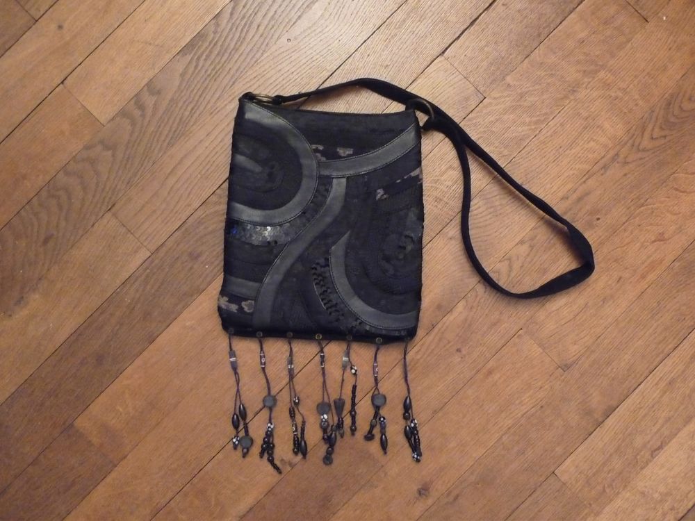 Sac &agrave; Main en Cuir et Tissu Noir &agrave; Bandouli&egrave;re- Ralph Kemp Maroquinerie
