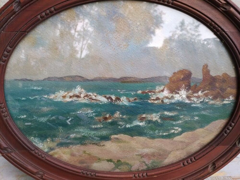 Ancien Tableau Paysage Marin Mer Agit&eacute;e Cadre Ovale 