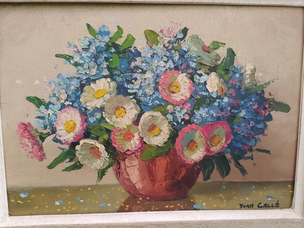 Tableau Bouquet de Fleurs Myosotis Sign&eacute; Yvan Gall&eacute; 
