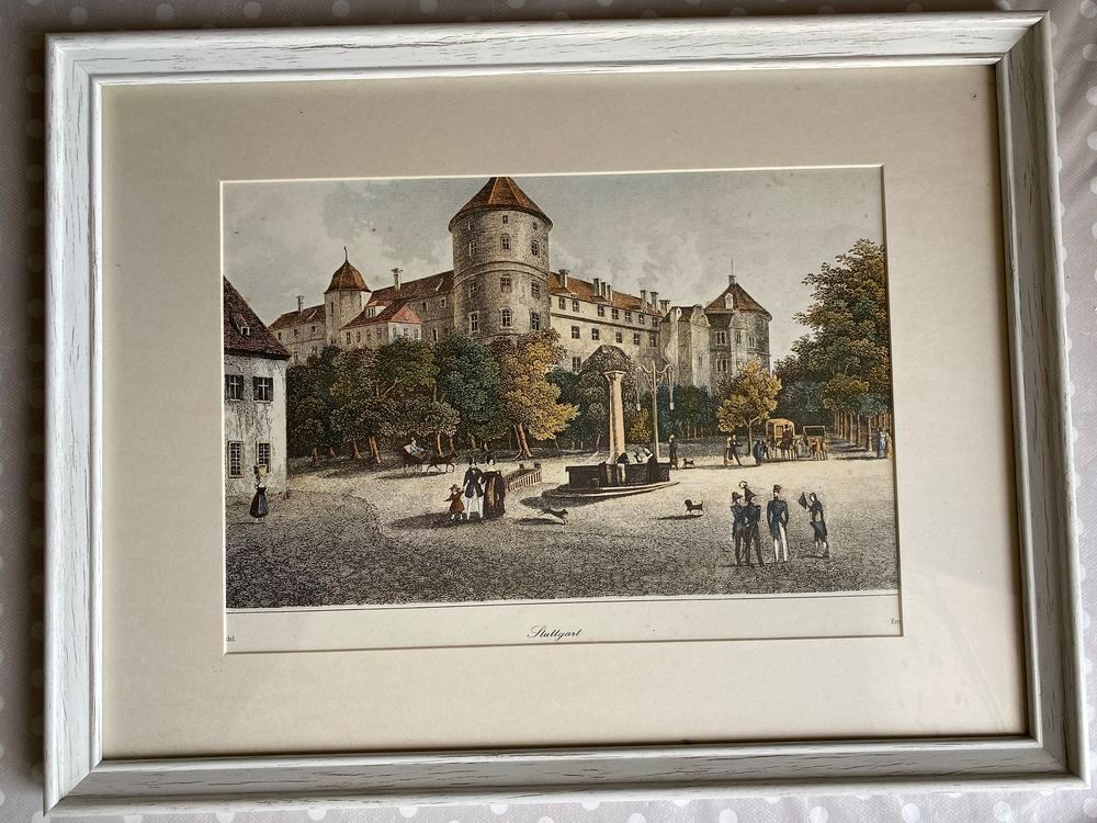 Lithographie avec cadre de Stuttgart au 19 Eme si&egrave;cle. Décoration