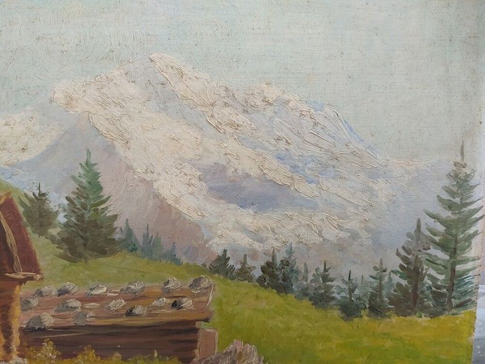 Tableau Paysage Montagne Chalet Sign&eacute; J.Grundler 