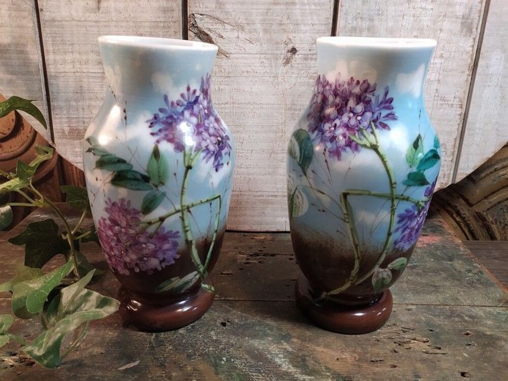 Vases Verre Opaline Peint &Eacute;maill&eacute; Fleurs de Lilas Dcoration