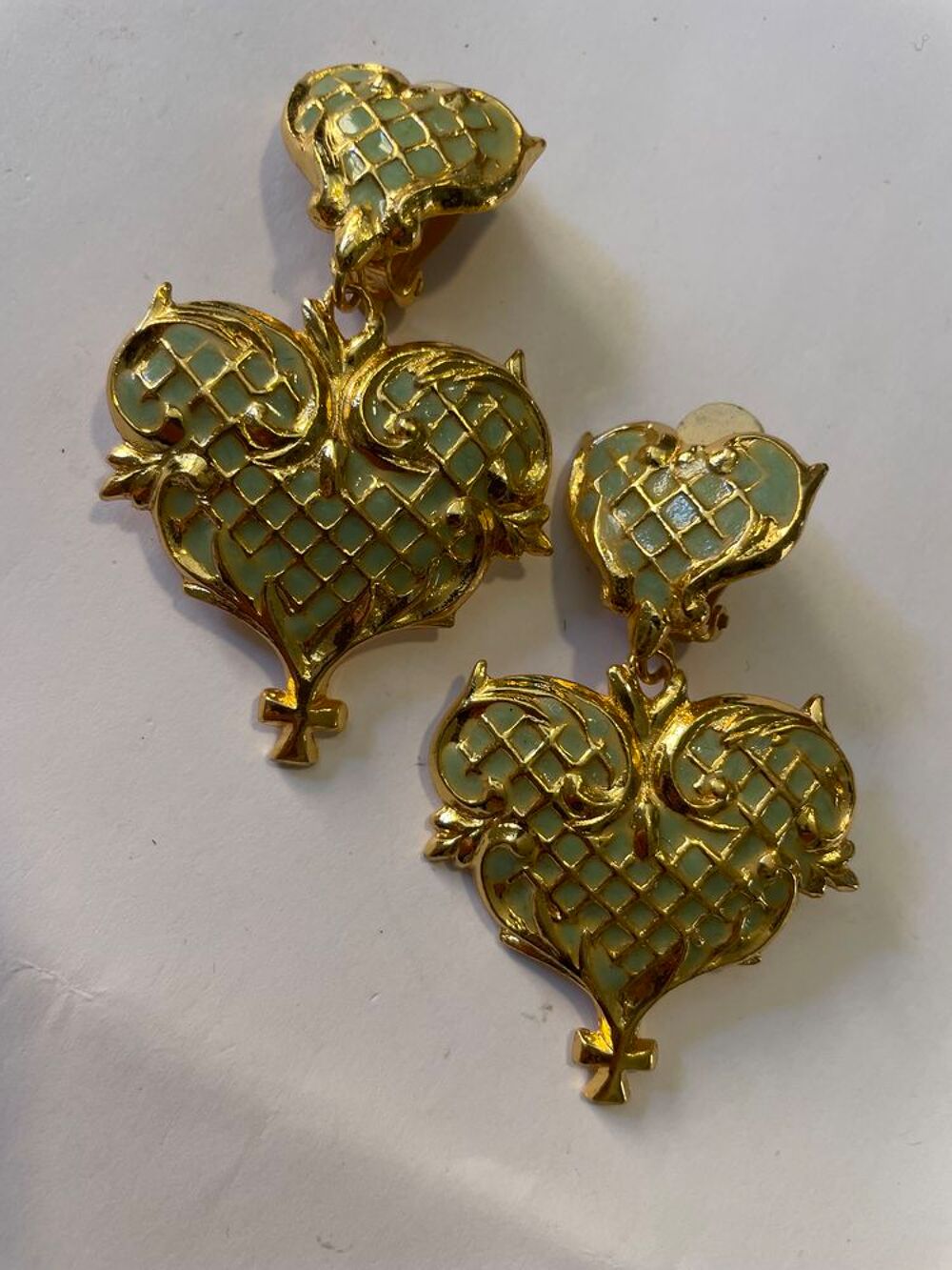 BO Clip coeur croisillons email vert nacr&eacute; + pendant c?ur CL Bijoux et montres