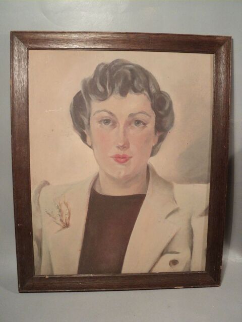 Ancien Tableau Portrait Féminin Femme des Années 1940 70 Loches (37)