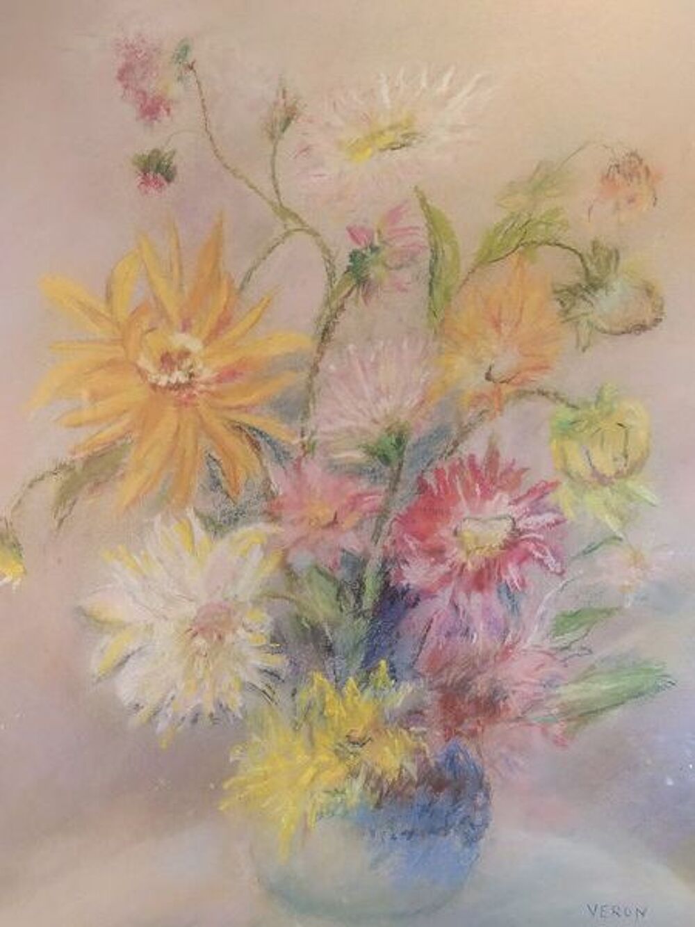 Tableau Pastel Bouquet de Fleurs Dahlias Sign&eacute; Dcoration