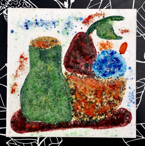 Emaux sur terre cuite, Nature morte, pièce unique,20 x 20 cm 28 L'Isle-Jourdain (32)